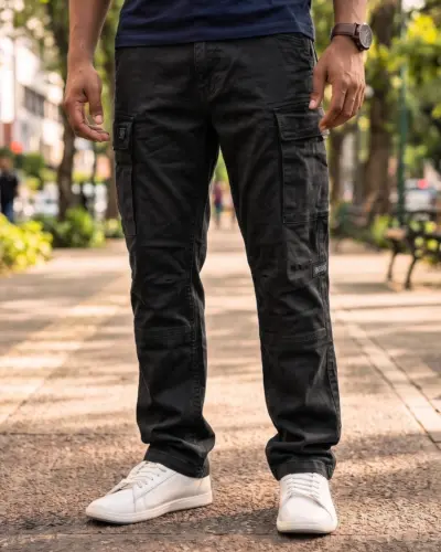 6 Pocket Semi Baggy Denim Cargo Pant (Black)