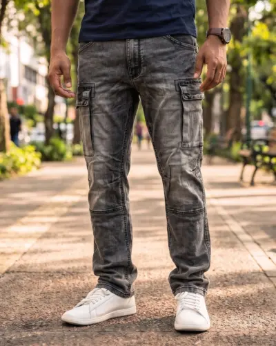 6 Pocket Semi Baggy Denim Cargo Pant (Dark Ash)