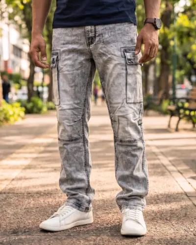 6 Pocket Semi Baggy Denim Cargo Pant (Light Ash)
